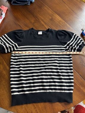 Striped Black and White Short-Sleeve Women’s Crewneck Summer Sweater